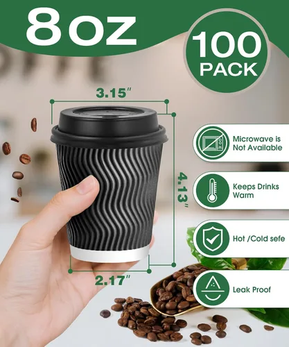 Miniatura 3 de Paquete de 100 Tazas de Café Desechables de 8 oz con Tapas, Tazas de Café Aisladas Gruesas Para Llevar para Bebidas Calientes/Frías, Tazas de Pared