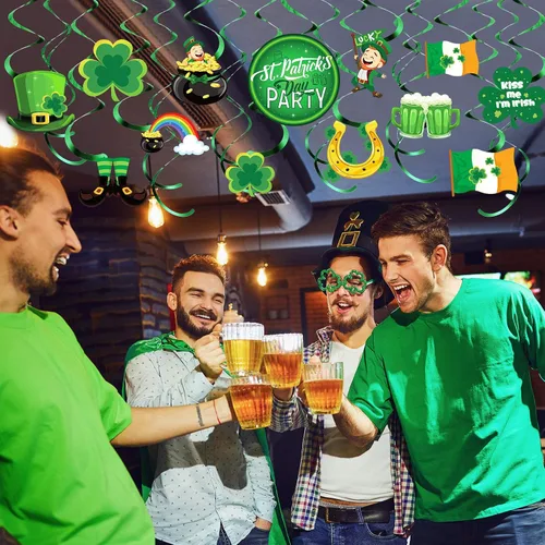 Miniatura 5 de 30 piezas de decoración colgante del día de San Patricio, trébol irlandés de la suerte, trébol, duende, herradura, letrero de papel de aluminio