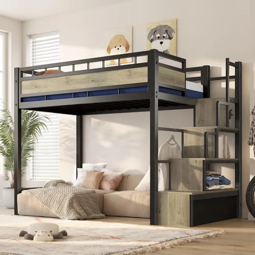 Miniatura 10 de Cama alta individual con escaleras, cama alta de metal resistente con almacenamiento y espacio debajo de la cama, más estable y segura