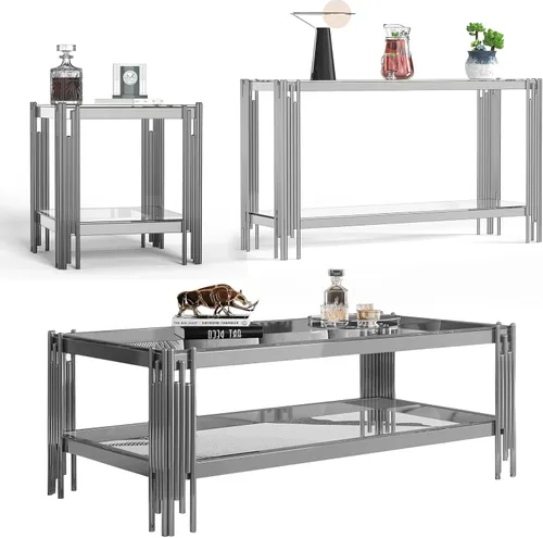 Miniatura 23 de Mesa auxiliar rectangular de vidrio de 48 pulgadas, mesa de centro de 2 niveles con parte superior de vidrio templado negro, patas de acero