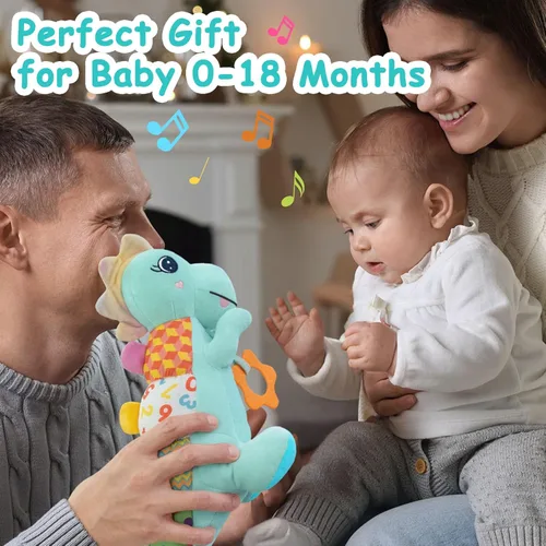 Miniatura 6 de Juguetes de dinosaurio para bebé de peluche suave para 0-3-6-12+ meses, juguete musical para bebé con sonajero, chirrido, crujido sensorial, Azul