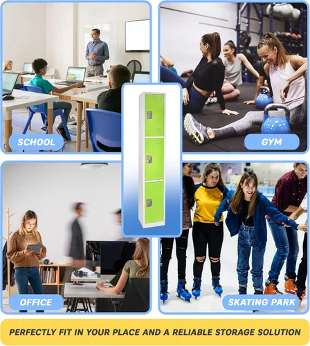 Miniatura 7 de AdirOffice Armario escolar grande con 3 puertas y 3 ganchos para almacenamiento de garaje, armarios de almacenamiento de oficina (3 puertas, verde)