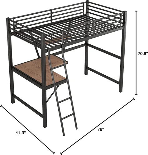 Miniatura 8 de Merax Litera individual de metal pesado con escritorio/barandilla de longitud completa para niños y niñas, no necesita somier, color negro