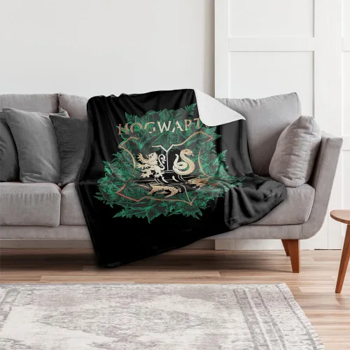 Miniatura 6 de Manta de Harry Potter, 50 x 60 pulgadas, Hogwarts Green and Gold Floral Crest Silky Touch Sherpa Back Manta súper suave