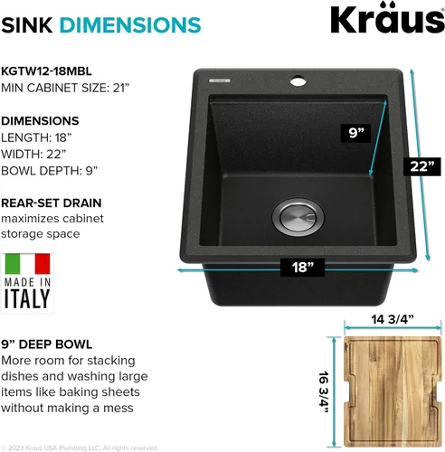 Miniatura 8 de KRAUS Bellucci KGTW12-18MBL - Fregadero de cocina de estación de trabajo de granito, 46 cm, montaje directo, cuenco individual, montaje superior