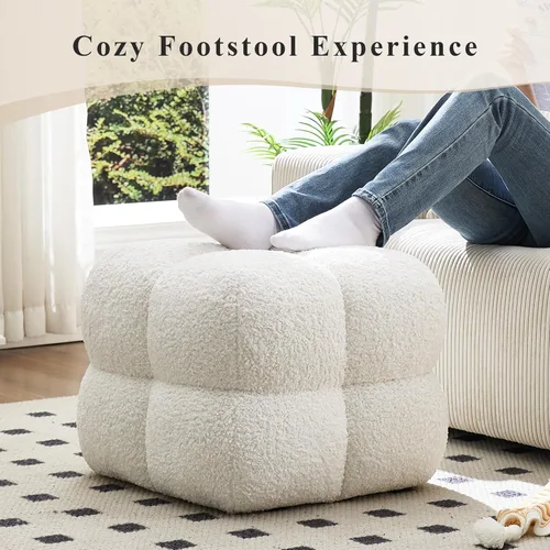 Miniatura 5 de Taburete otomano cuadrado, mesa de centro otomana Boucle con cobertura completa, taburete de tocador moderno, puf tapizado con reposapiés para Blanco