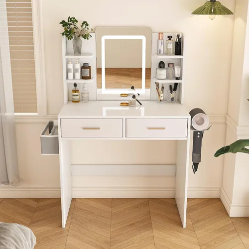 Miniatura 12 de Runboll - Tocador con espejo LED y luces, mesa de maquillaje con taburete acolchado, juego de tocador con 4 cajones, 3 estantes para dormitorio