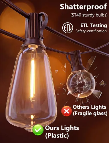 Miniatura 8 de Guirnalda de luces LED ST40 de 20 pies, luces vintage Edison para patio con 22 bombillas inastillables, luces colgantes impermeables para Marrón