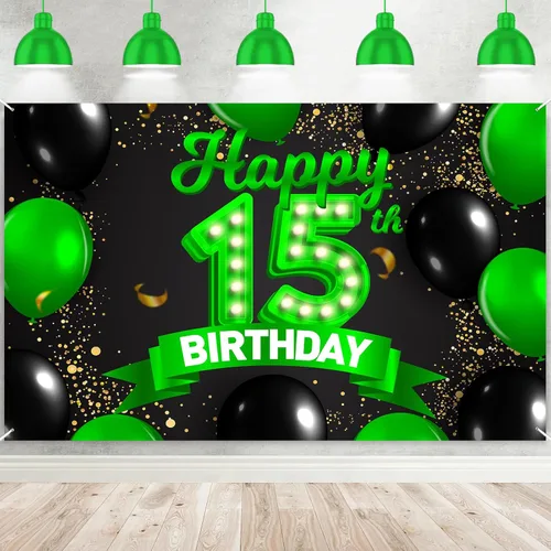 Cartel de feliz cumpleaños 15 color verde y negro, telón de fondo con texto en inglés "Cheers to 15 years old confeti", globos de confeti,