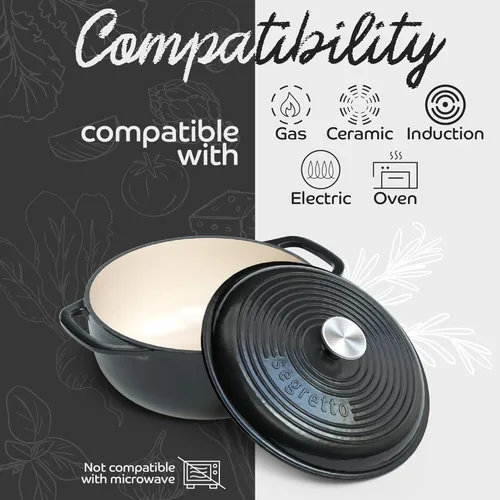 Miniatura 5 de Segretto Cookware Horno Holandés de Hierro Fundido Esmaltado, 6 Cuartos, Negro negro (Nero)