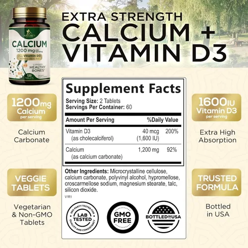 Miniatura 2 de Calcio 1200 mg con vitamina D3 – Suplemento de salud ósea, vitamina D y suplementos de calcio para mujeres y hombres – Fuerza ósea, dientes y apoyo