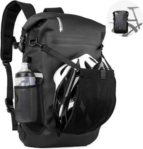 Rhinowalk Bolsa de alforja para bicicleta, impermeable, 22L, bolsa de maletero trasera para ciclismo, ciclismo, viajes, equitación Negro