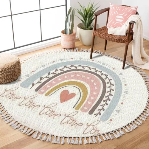 Miniatura 11 de Alfombra redonda bohemia para niños, dibujada a mano sin costuras con arco iris rosa pastel, alfombra de verano para bebé, alfombra de lino