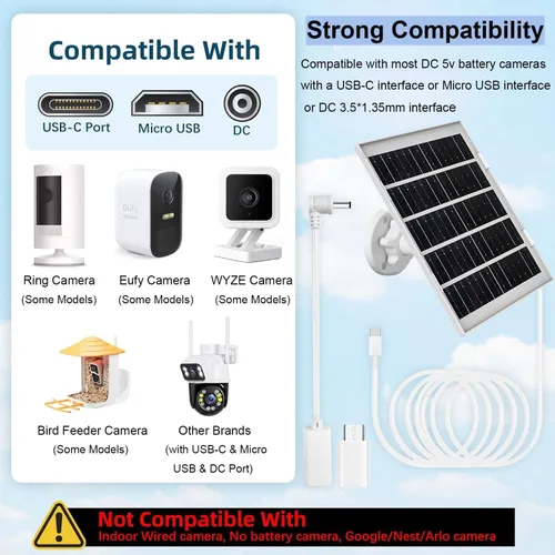 Miniatura 2 de Cargador de panel solar de 8 W para cámaras de seguridad al aire libre, con Micro USB/USB-C y puerto DC (35 x 135), se ajusta a
