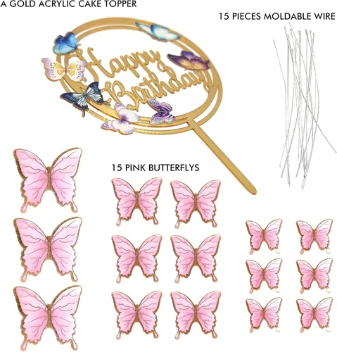 Miniatura 4 de Decoraciones para tartas de mariposas, 1 adorno grande para pastel de feliz cumpleaños y 15 piezas 3D de oro rosa rosa para cupcakes – Suministros