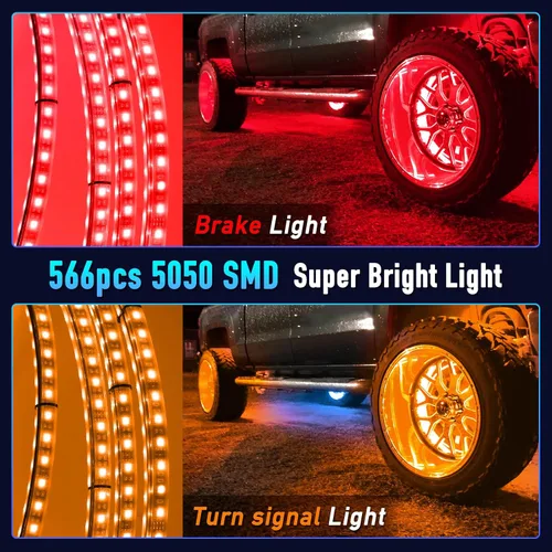 Miniatura 4 de Juego de 4 luces LED RGB de 17 pulgadas para anillo de rueda, control Bluetooth, señal de giro y función de frenado (doble cara)