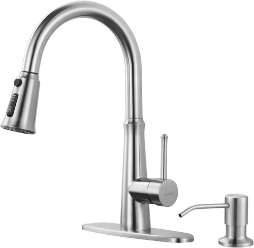 Miniatura 12 de WOWOW Grifos de cocina negro mate con rociador extraíble, grifo de fregadero de cocina de acero inoxidable para fregaderos de 1 o 3 agujeros, grifo
