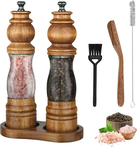 Juego de molinillo de sal y pimienta de madera con bandeja y cuchara de madera, molinillo manual de sal y pimienta de 8 pulgadas, grosor ajustable,