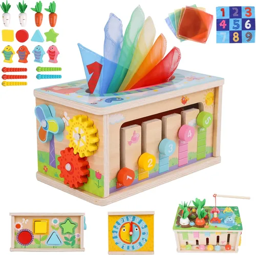 Ancaixin Cubo de Actividad de 6 en 1 de Caja de Tejidos Montessori para Bebés de 6+ Meses, Cubo de Actividad de Madera, Rompecabezas para 12-18