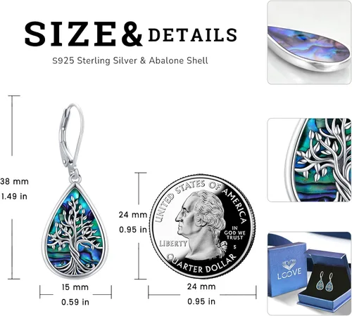 Miniatura 207 de Aretes colgantes de plata de ley con diseño de árbol de la vida, flor, abeja, animales, gato, colibrí, piedra lunar, turquesa, aretes con cierre