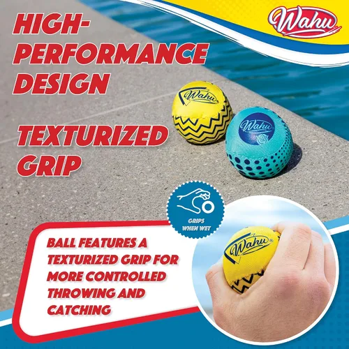 Miniatura 6 de Wahu Super Grip - Juego de 2 pelotas de skimball 100 % impermeables, para piscina y playa, salta más de 150 pies en el agua, azul/amarillo