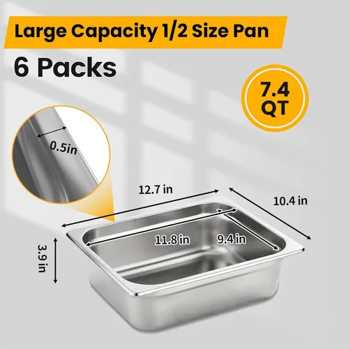 Miniatura 2 de Aplancee Sartenes de 1/2 hotel de 4 pulgadas de profundidad de acero inoxidable para alimentos, antiatascos, juego de 6 sartenes de mesa de vapor