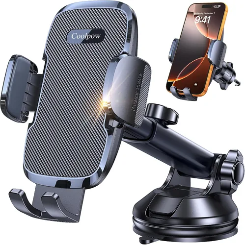 Coolpow Soporte de teléfono para automóvil【Succión más fuerte】 Soporte universal de teléfono para tablero de instrumentos de 360° para automóvil,