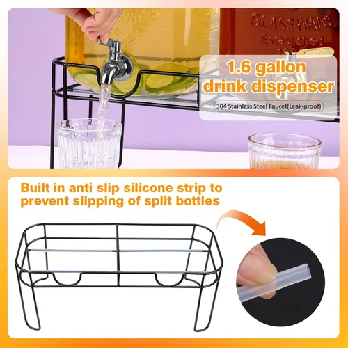 Miniatura 3 de Dispensador de bebidas de vidrio de 1.6 galones, 2 piezas dispensador de bebidas con soporte, dispensador de limonada con grifo de acero inoxidable