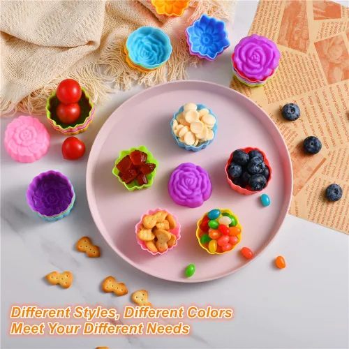 Miniatura 4 de Vasos de silicona reutilizables para hornear, forros de silicona de tamaño mini de 2 pulgadas para hornear, forros de muffins con múltiples formas