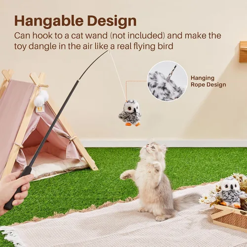 Miniatura 6 de Potaroma Juguetes para gatos con forma de búho que aletea (sin volar), chirrido de pájaro realista, juguete recargable para gatitos, juguete