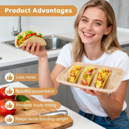 Miniatura 4 de 24 soportes desechables para tacos con 100 forros y 100 guantes, platos de tacos de fibra natural resistentes, bandejas de tacos de 3 compartimentos