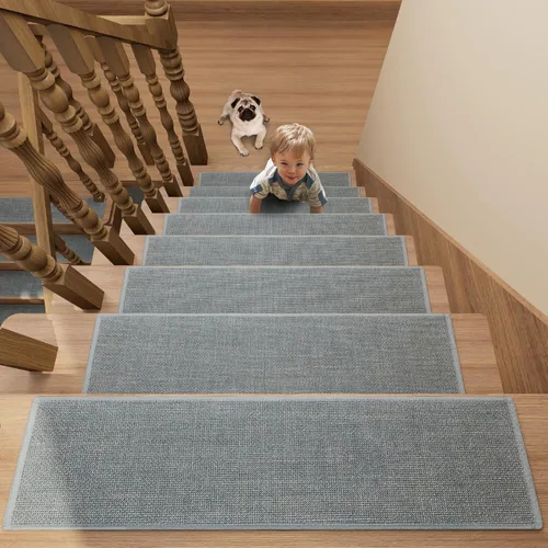 Miniatura 14 de Alfombras para escalones de madera, alfombra antideslizante para peldaños con respaldo de goma, alfombras antideslizantes de poliéster suaves