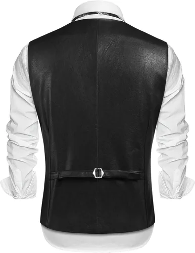 Miniatura 4 de COOFANDY Chaleco de cuero para hombre, estilo casual, estilo occidental, ligero, con cuello en V, chaleco