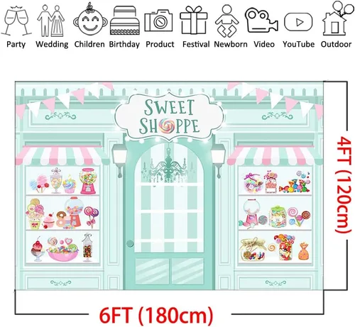 Miniatura 4 de Mocsicka Sweet Shoppe - Telón de fondo para sala de postres para fiesta de cumpleaños, decoración de dona, helado, pastel, mesa, sesión de fotos