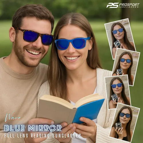 Miniatura 7 de proSPORT Lentes de sol de lectura para lectores con montura de cuerno con lentes de espejo azul para hombres y mujeres, no bifocales