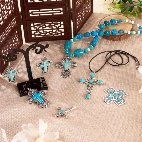 Miniatura 3 de Pandahall - 14 dijes de cruz de piedra turquesa, estilo tibetano, turquesa, gran colgante, aleación, religión, cruz, joyería de turquesa occidental