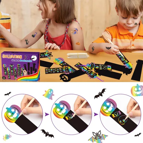 Miniatura 3 de BeYumi Juego de 60 marcapáginas de rascar de Halloween para niños, bricolaje, calabaza, murciélago, bruja, Frankenstein, espeluznante, vampiro