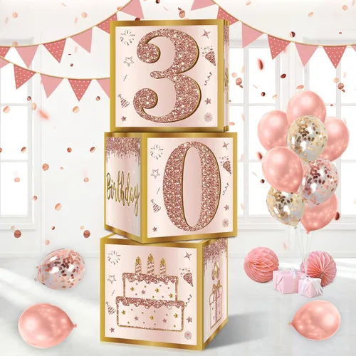 Guiruiy 3 piezas de cajas de decoración para el 30 cumpleaños de mujeres, cajas de globos de cumpleaños de 30 años en rosa y oro rosa, decoración