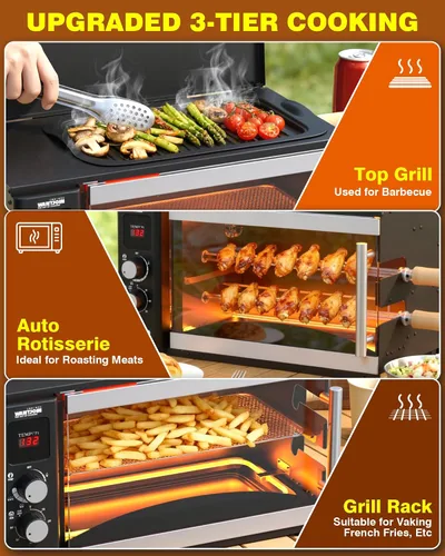 Miniatura 2 de WantJoin Horno asador eléctrico - Horno asador 3 en 1 de 37 cuartos de galón, pinchos dobles, rejilla para asar, calefacción de rotación automática