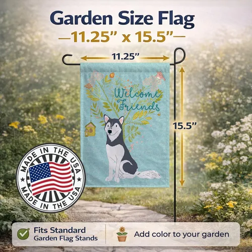 Miniatura 3 de Caroline's Treasures BB7594GF Bandera de jardín de Husky siberiano con texto en inglés "Welcome Friends" - Bandera decorativa para patio exterior