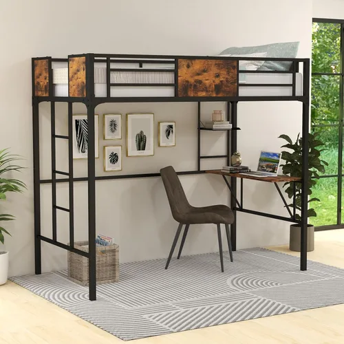 Miniatura 3 de Giantex Cama alta de metal tamaño individual con escritorio y estante de almacenamiento, marco de cama alta resistente con escalera integrada