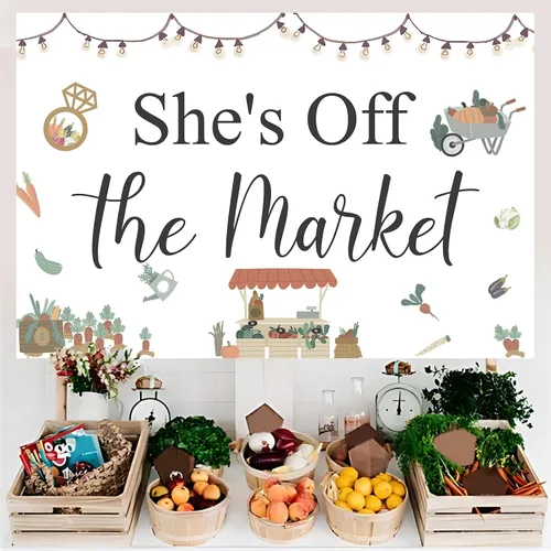 Miniatura 3 de Decoraciones de despedida de soltera con texto en inglés "She's Fresh Off The Market", telón de fondo de despedida de soltera para mujer, decoración