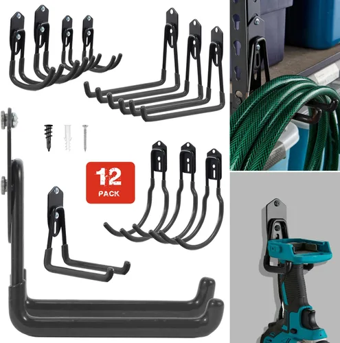 Miniatura 9 de Wallmaster Kit organizador de ganchos de garaje, paquete de 12 ganchos ajustables y resistentes, para montaje en pared, organización de garaje