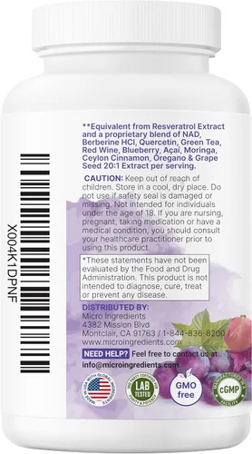 Miniatura 7 de Micro Ingredients Resveratrol NAD Complex 3,000 mg para mujeres y hombres, 240 cápsulas vegetales Alternativa de suplemento NMN Mezcla 11 en 1