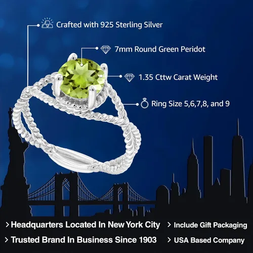 Miniatura 40 de Gem Stone King 7MM Round Gemstone Birthstone Solitaire Ring for Women Twisted Rope Band in 925 Sterling Silver Available in Sizes 5, 6, 7, 8, 9