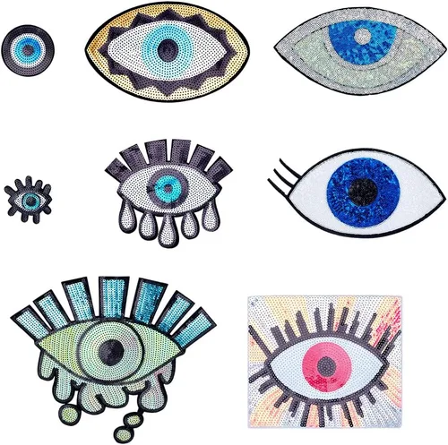INFUNLY 8 estilos de parches de lentejuelas de mal de ojo, apliques para planchar con purpurina bordada, parches de reparación de ojos bohemios para
