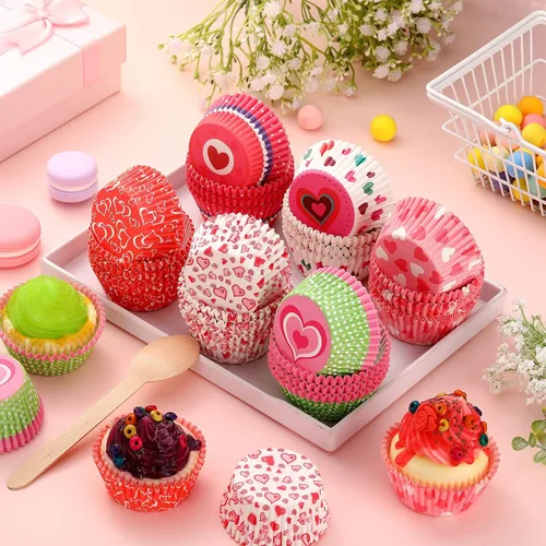 Miniatura 4 de 600 forros para cupcakes para el día de San Valentín, moldes de papel para hornear, papel para manualidades, con patrón de corazón, vasos