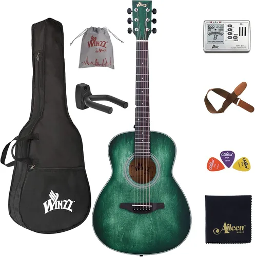 WINZZ HAND RUBBED Series – Guitarra acústica para zurdos de 36 pulgadas 3/4 paquete de viaje con bolsa, afinador metrónomo, colgador de pared,