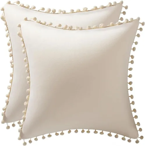 DEZENE Fundas para Cojín de Sofá 16x16 Beige: Paquete de 2 Fundas de Almohada Decorativas Cuadradas de Terciopelo Suave con Pompones para Decoración
