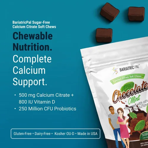 Miniatura 2 de BariatricPal Masticables suaves de citrato de calcio sin azúcar, 500 mg con vitamina D y probióticos, chocolate y menta, 90